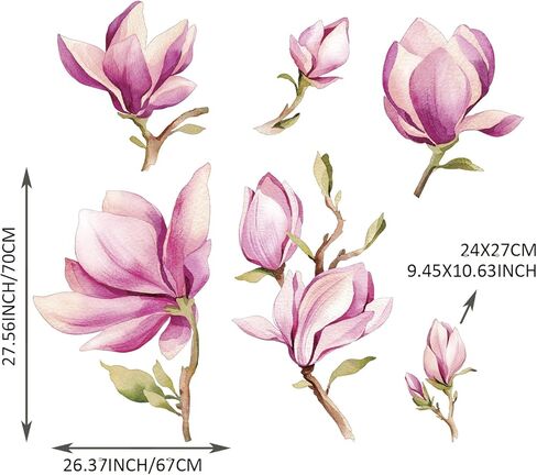 astrkiz Large Pink and White Magnolia Flower Wall Decals Peel and Stick, Self Adhesive Floral Wall Wallpaper Murals, Flowers Stickers Wall Art Decor for Girls Bedroom Playroom Nursery Kids Room in Kuwait
