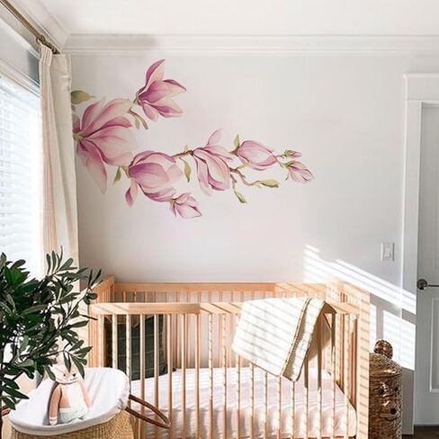 astrkiz Large Pink and White Magnolia Flower Wall Decals Peel and Stick, Self Adhesive Floral Wall Wallpaper Murals, Flowers Stickers Wall Art Decor for Girls Bedroom Playroom Nursery Kids Room in Kuwait