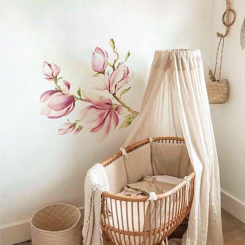 astrkiz Large Pink and White Magnolia Flower Wall Decals Peel and Stick, Self Adhesive Floral Wall Wallpaper Murals, Flowers Stickers Wall Art Decor for Girls Bedroom Playroom Nursery Kids Room in Kuwait