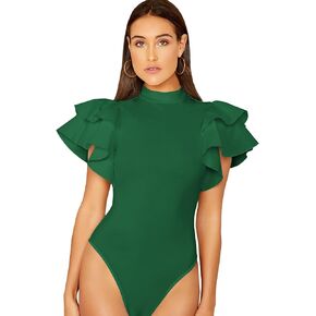 SOLY HUX Women's Mock Neck Ruffle Butterfly Sleeve Skinny Bodysuit