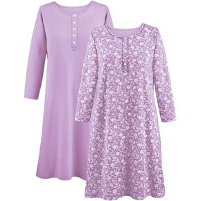 Collections Etc Button-Front Henley Nightgowns - Set of 2 - Comfortable Lounge Outfit