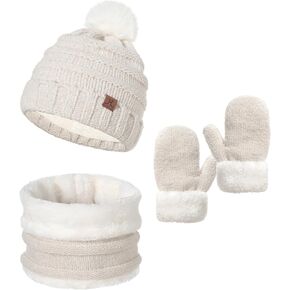 Toddler Hat Scarf And Glove Set Boy Girl Winter Pom Beanie Hat Neck Warmer Tube Mitten Gloves Ages 2-4 2t-4t 3-5 Fleece Lined in Kuwait