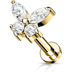 Pierced Owl 16G Stainless Steel Internally Threaded CZ Crystal Butterfly Top Flat Back Lip Cartilage Tragus Stud