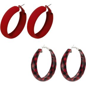 Large Red Matte Round Hoop Earrings Wide Faux Leather Multicolor Pierced for Women Girls Classic Lightweight Wedding Holiday Jewelry