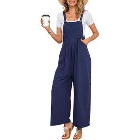chouyatou Women's Summer Wide Leg Bib Linen Overalls Palazzo Pants Casual Linen Jumpsuits