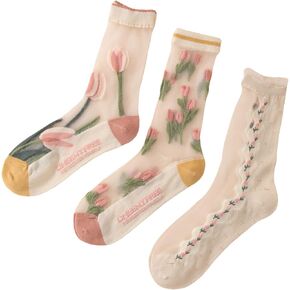 GORGLITTER Women's 4 Pairs Sheer Mesh Flower Patterned Thin Casual Crew Socks Transparent Cute Summer Socks
