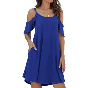 Jouica Women's Summer Casual Spaghetti Strap Sundress Dress Cold Shoulder Ruffle Sleeves Dresses with Pocket