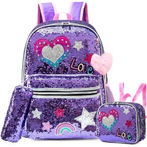 Backpack for Girls 16" Backpacks for Girls for School Sequin Backpack with Lunch Box for Elementary Students
