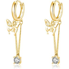 SLUYNZ  Sterling Silver Butterfly Drop Dangle Small Hoop Earrings Chain for Women Teen Girls CZ Butterfly Hoop Earrings Huggie