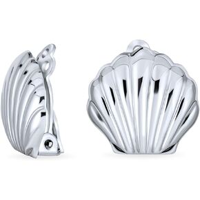 Carved Seashell Nautical Polished Clip On Earrings For Women Non Pierced 14K Gold Plated .925 Sterling Silver
