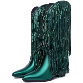 DOREENDORIS Fringe Boots for Women Metallic Cowboy Boots Pointed Toe Chunky Heel Mid Calf Sparkly Cowgirl Boots