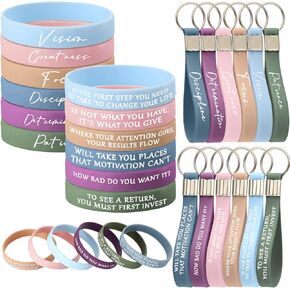 Sureio 24 Pcs Motivational Silicone Wristbands Rubber Inspirational Quote Keychain Bracelets for Employee Teacher Student(Black)