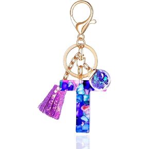 Purple Letter A-Z Keychain for Women Purse Handbags Resin Alphabet Initial Letter Pendant with Tassel Glass Ball