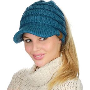 C.C BeanieTail Warm Knit Messy High Bun Ponytail Visor Beanie Cap