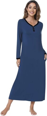 NACHILA المرأة ثوب النوم الخيزران قمصان النوم طويلة الأكمام ملابس خاصة كامل طول هينلي فستان النوم S-4XL in Kuwait