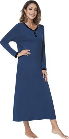 NACHILA المرأة ثوب النوم الخيزران قمصان النوم طويلة الأكمام ملابس خاصة كامل طول هينلي فستان النوم S-4XL in Kuwait