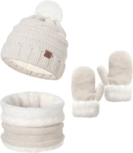 Toddler Hat Scarf And Glove Set Boy Girl Winter Pom Beanie Hat Neck Warmer Tube Mitten Gloves Ages 2-4 2t-4t 3-5 Fleece Lined in Kuwait