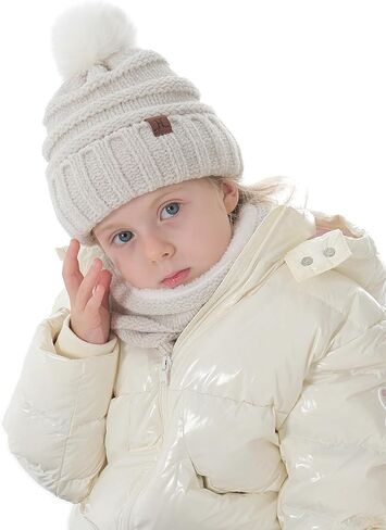 Toddler Hat Scarf And Glove Set Boy Girl Winter Pom Beanie Hat Neck Warmer Tube Mitten Gloves Ages 2-4 2t-4t 3-5 Fleece Lined in Kuwait