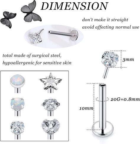 Vsnnsns 20G 18G 16G Push in Lip Rings Stainless Surgical Steel Labret Jewelry Monroe Lip Ring Nail Cartilage Tragus Helix Earrings Studs Nose Ring Medusa Piercing Jewelry For Women Men Opal CZ 6 Pairs in Kuwait