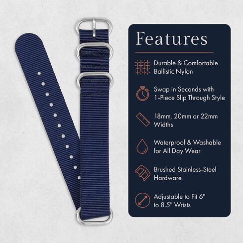 Benchmark Nylon Watch Band - One Piece Waterproof Ballistic Nylon - Slip Through Military Style Zulu Watch Strap for Men & Women - Choice of Color & Width - 18mm, 20mm or 22mm in Saudi Arabia