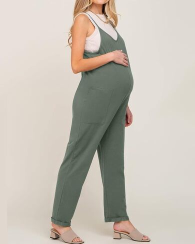 Newffr المرأة بلا أكمام حللا الأمومة عادية السباغيتي حزام وزرة طويلة سراويلي حريمي رومبير مع جيوب in Kuwait