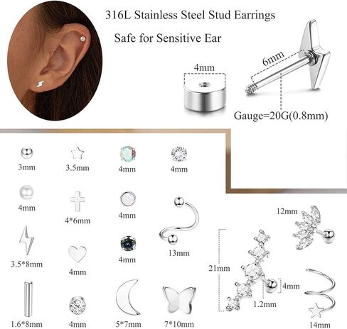 Jstyle 20G الفولاذ المقاوم للصدأ أقراط للنساء الرجال نجمة القمر القلب تشيكوسلوفاكيا شقة عودة الأقراط مجموعة الغضروف أقراط هوب صغيرة أقراط مسطحة مسمار الزنمة الحلزون Daith ثقب المجوهرات in Saudi Arabia