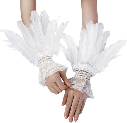 قفازات Klfoho النسائية من الريش معصمه من الدانتيل وقفازات طويلة لحفلات الزفاف والهالوين، قفازات بدون أصابع وأصفاد للمعصم in Kuwait