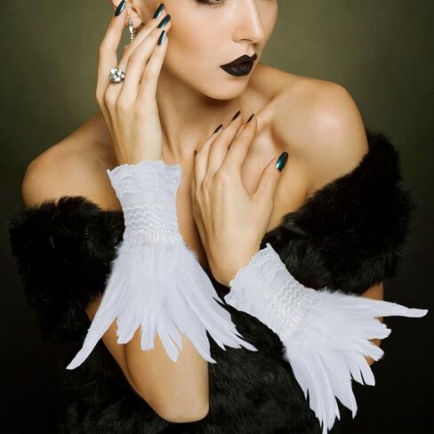 قفازات Klfoho النسائية من الريش معصمه من الدانتيل وقفازات طويلة لحفلات الزفاف والهالوين، قفازات بدون أصابع وأصفاد للمعصم in Kuwait