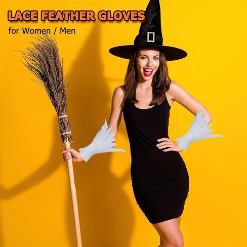 قفازات Klfoho النسائية من الريش معصمه من الدانتيل وقفازات طويلة لحفلات الزفاف والهالوين، قفازات بدون أصابع وأصفاد للمعصم in Kuwait