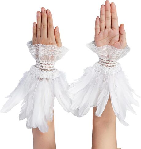 قفازات Klfoho النسائية من الريش معصمه من الدانتيل وقفازات طويلة لحفلات الزفاف والهالوين، قفازات بدون أصابع وأصفاد للمعصم in Kuwait