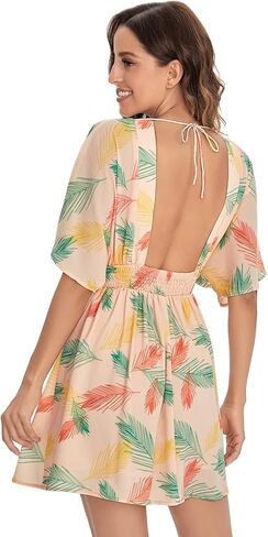 Floerns Women's Tropical Floral Plunging V Neck Tie Open Back Summer Short Dress in Kuwait