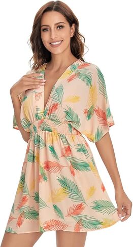 Floerns Women's Tropical Floral Plunging V Neck Tie Open Back Summer Short Dress in Kuwait