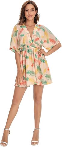 Floerns Women's Tropical Floral Plunging V Neck Tie Open Back Summer Short Dress in Kuwait