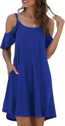 فستان Jouica الصيفي الكاجوال للسيدات بشريط سباغيتي للشمس وأكتاف باردة وأكمام مكشكشة مع جيب in Kuwait