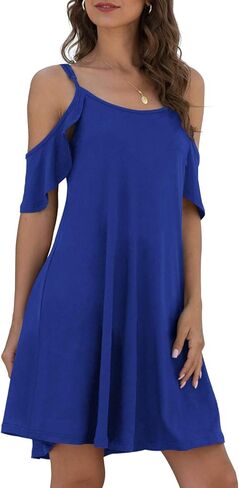 فستان Jouica الصيفي الكاجوال للسيدات بشريط سباغيتي للشمس وأكتاف باردة وأكمام مكشكشة مع جيب in Kuwait