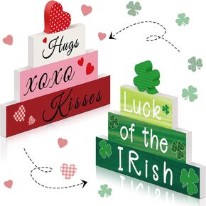 5 Pcs St. Patrick's Day and Reversible Valentine's Day Wood Signs Set Heart Shamrocks Self Standing Blocks Wooden Valentines Day Centerpieces for Table Kitchen Luck Valentine's Day Tiered Tray Decor in Kuwait