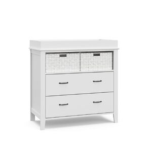 خزانة طاولة تغيير درجين من Storkcraft Forrest مع سلال، غطاء تغيير مرفق يناسب وسادة تغيير الحجم القياسي، درجين ورفين مفتوحين، أبيض in Kuwait