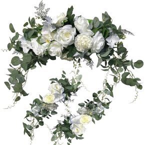 Wedding Arch Flowers,3Pcs Set White Rose Decorative Floral Swags, Artificial Greenery Eucalyptus Leaves Flower For Sheer Drapes, Wedding Chair, Arbor, Wedding Ceremony and Reception Arrangement in Kuwait