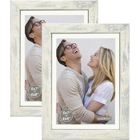 إطارات صور Alkerman مقاس 5x7 (عبوة من قطعتين)، عرض الصور 4x6 مع حصيرة أو 5x7 بدون حصيرة، نمط خشبي أبيض ريفي زجاج عالي الوضوح لعرض سطح الطاولة وإطار صور مثبت على الحائط in Kuwait