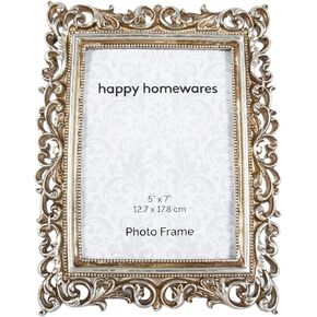 هابي هوم ويرز اطار صورة عتيق ومزخرف بلونين فضي لامع وذهبي ريفي 5×7 من الراتنج مع ديكور زهور | بورتريه او منظر طبيعي in Kuwait