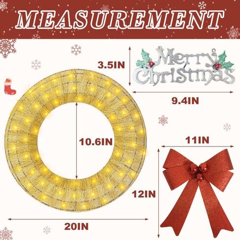 إكليل عيد الميلاد المضاء مقاس 20 بوصة، إكليل معدني خارجي مزود بإضاءة LED، وترتر لامع، وديكور منزلي مثالي بعقدة على شكل فيونكة، ذهبي in Kuwait