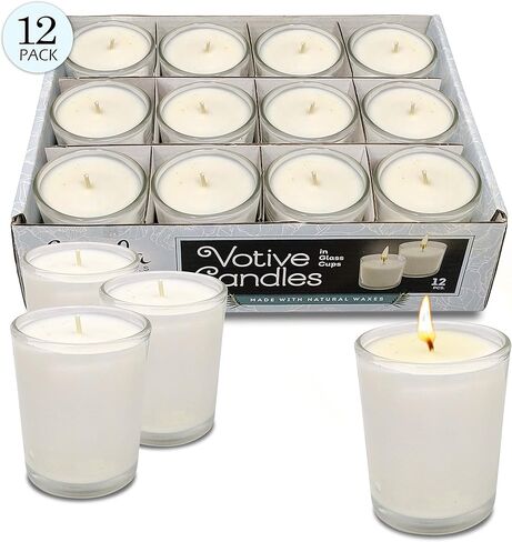 Hyoola White Votive Candles in Glass - Pack of 12 Votive Candle - 24 Hour Burn Time - Unscented Votive Candles - Glass Votives in Kuwait