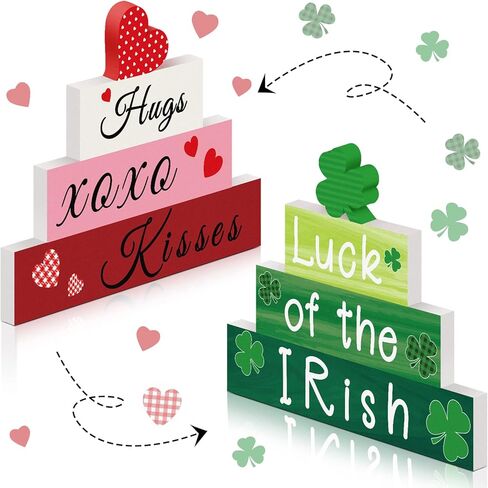 5 Pcs St. Patrick's Day and Reversible Valentine's Day Wood Signs Set Heart Shamrocks Self Standing Blocks Wooden Valentines Day Centerpieces for Table Kitchen Luck Valentine's Day Tiered Tray Decor in Saudi Arabia