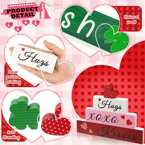 5 Pcs St. Patrick's Day and Reversible Valentine's Day Wood Signs Set Heart Shamrocks Self Standing Blocks Wooden Valentines Day Centerpieces for Table Kitchen Luck Valentine's Day Tiered Tray Decor in Saudi Arabia