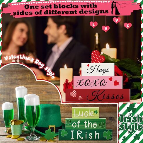 5 Pcs St. Patrick's Day and Reversible Valentine's Day Wood Signs Set Heart Shamrocks Self Standing Blocks Wooden Valentines Day Centerpieces for Table Kitchen Luck Valentine's Day Tiered Tray Decor in Saudi Arabia