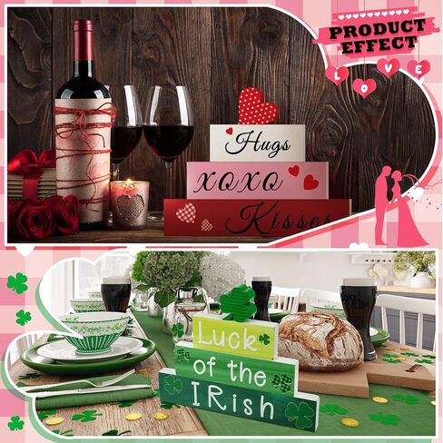 5 Pcs St. Patrick's Day and Reversible Valentine's Day Wood Signs Set Heart Shamrocks Self Standing Blocks Wooden Valentines Day Centerpieces for Table Kitchen Luck Valentine's Day Tiered Tray Decor in Saudi Arabia