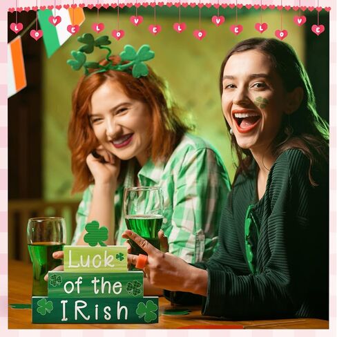 5 Pcs St. Patrick's Day and Reversible Valentine's Day Wood Signs Set Heart Shamrocks Self Standing Blocks Wooden Valentines Day Centerpieces for Table Kitchen Luck Valentine's Day Tiered Tray Decor in Saudi Arabia