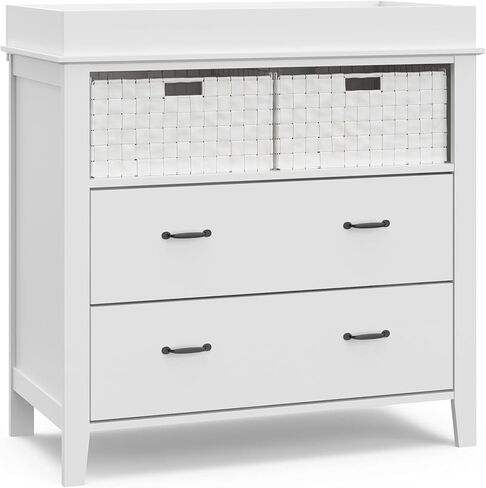 خزانة طاولة تغيير درجين من Storkcraft Forrest مع سلال، غطاء تغيير مرفق يناسب وسادة تغيير الحجم القياسي، درجين ورفين مفتوحين، أبيض in Kuwait