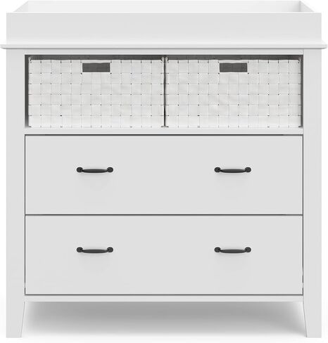 خزانة طاولة تغيير درجين من Storkcraft Forrest مع سلال، غطاء تغيير مرفق يناسب وسادة تغيير الحجم القياسي، درجين ورفين مفتوحين، أبيض in Kuwait