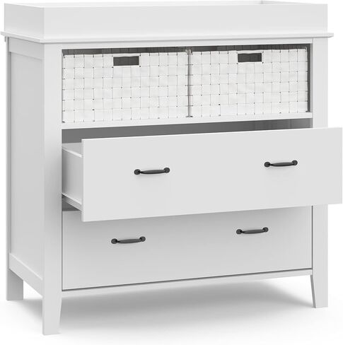 خزانة طاولة تغيير درجين من Storkcraft Forrest مع سلال، غطاء تغيير مرفق يناسب وسادة تغيير الحجم القياسي، درجين ورفين مفتوحين، أبيض in Kuwait